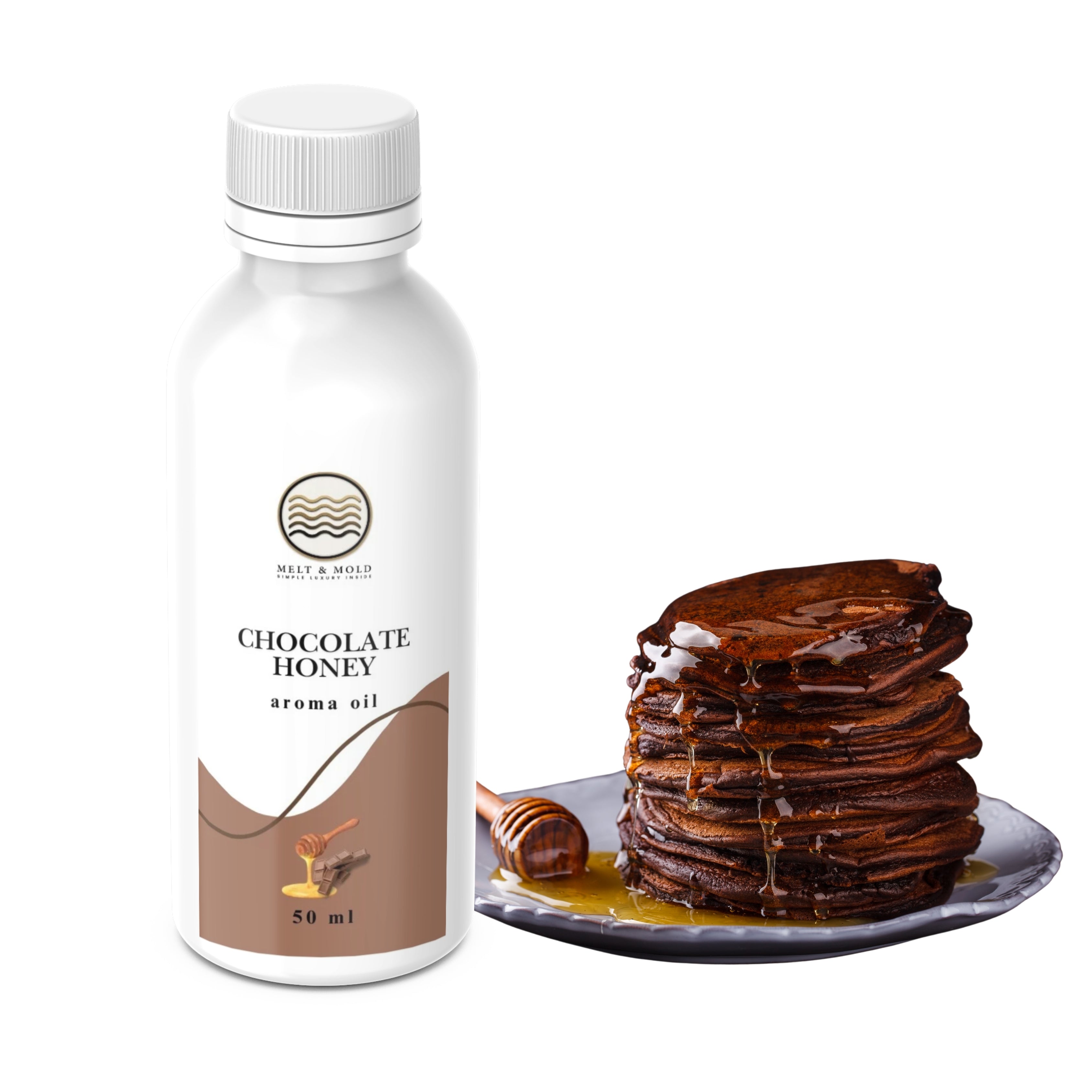 Chocolate honey fragrance oil bottle detail, sweet dessert aroma oil for candles
