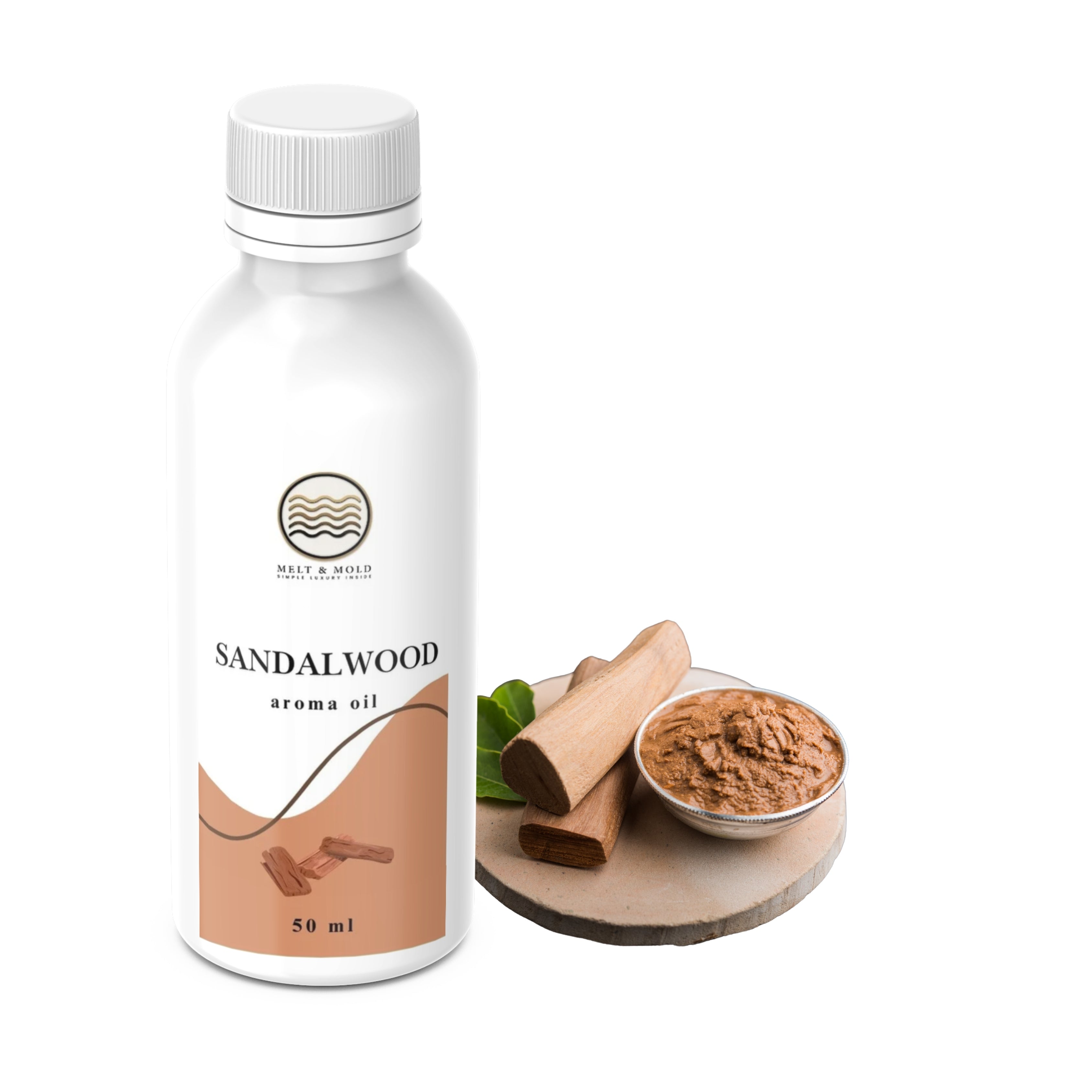 Sandalwood fragrance oil bottle detail, rich warm sandalwood aroma oil for candles