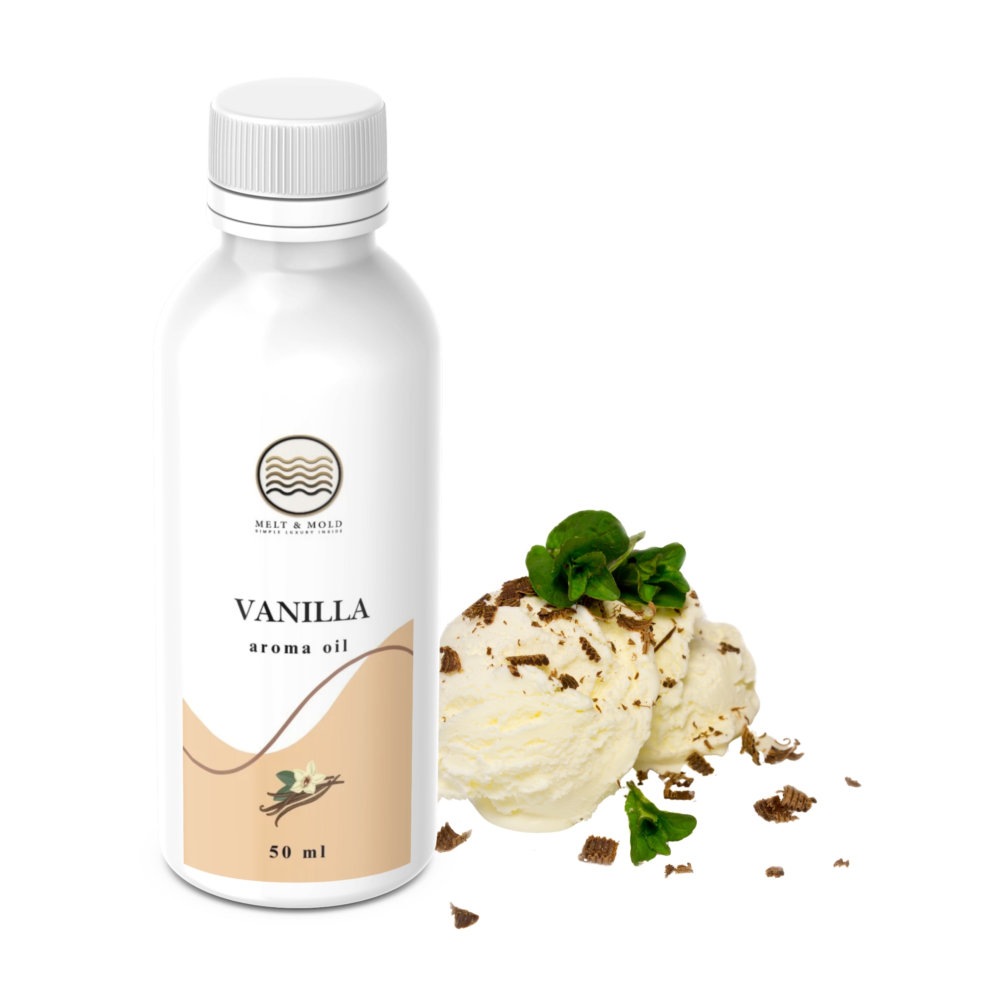 Vanilla fragrance oil bottle detail, rich warm vanilla aroma oil for DIY candles
