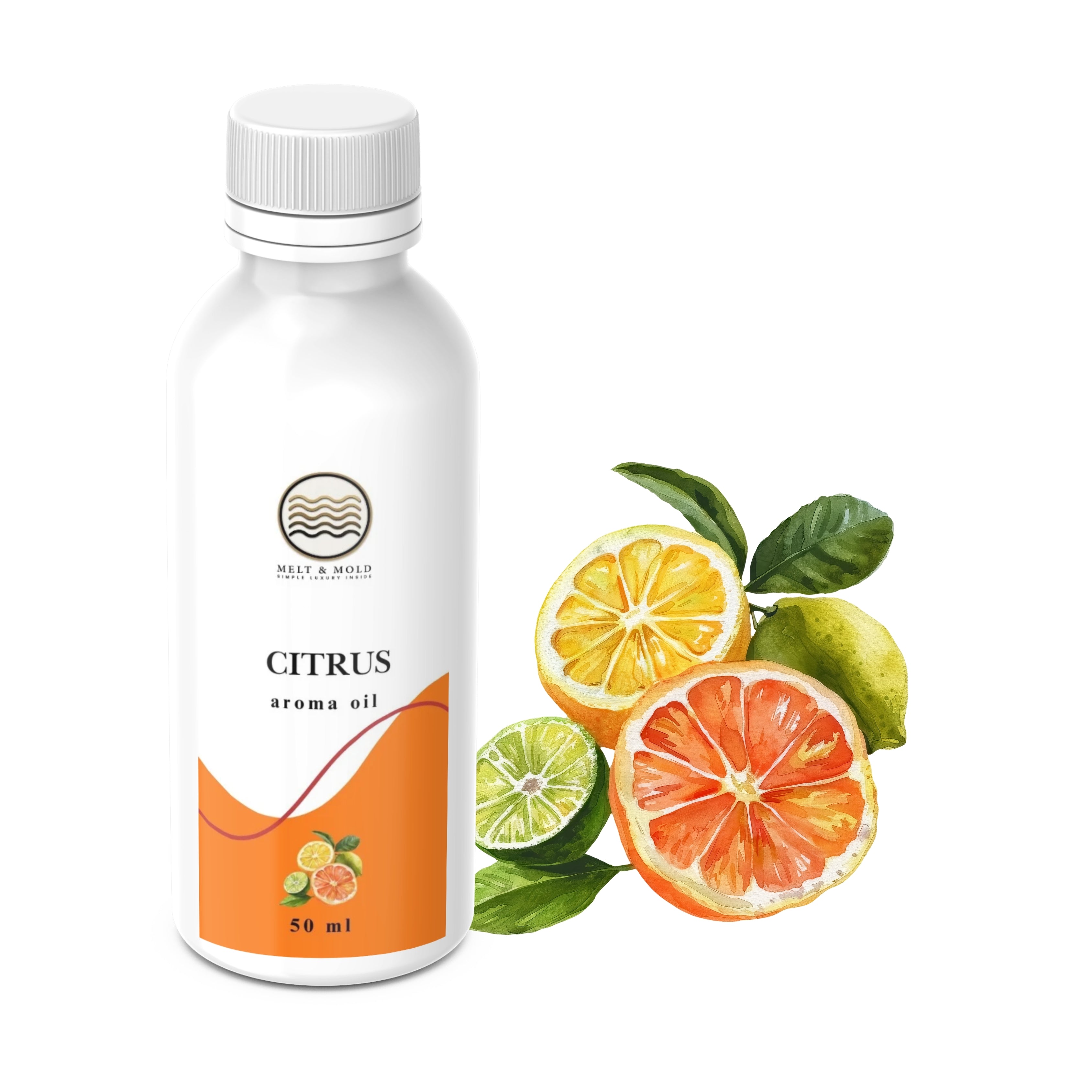 Citrus fragrance oil bottle detail, bright zesty citrus aroma oil for DIY candles