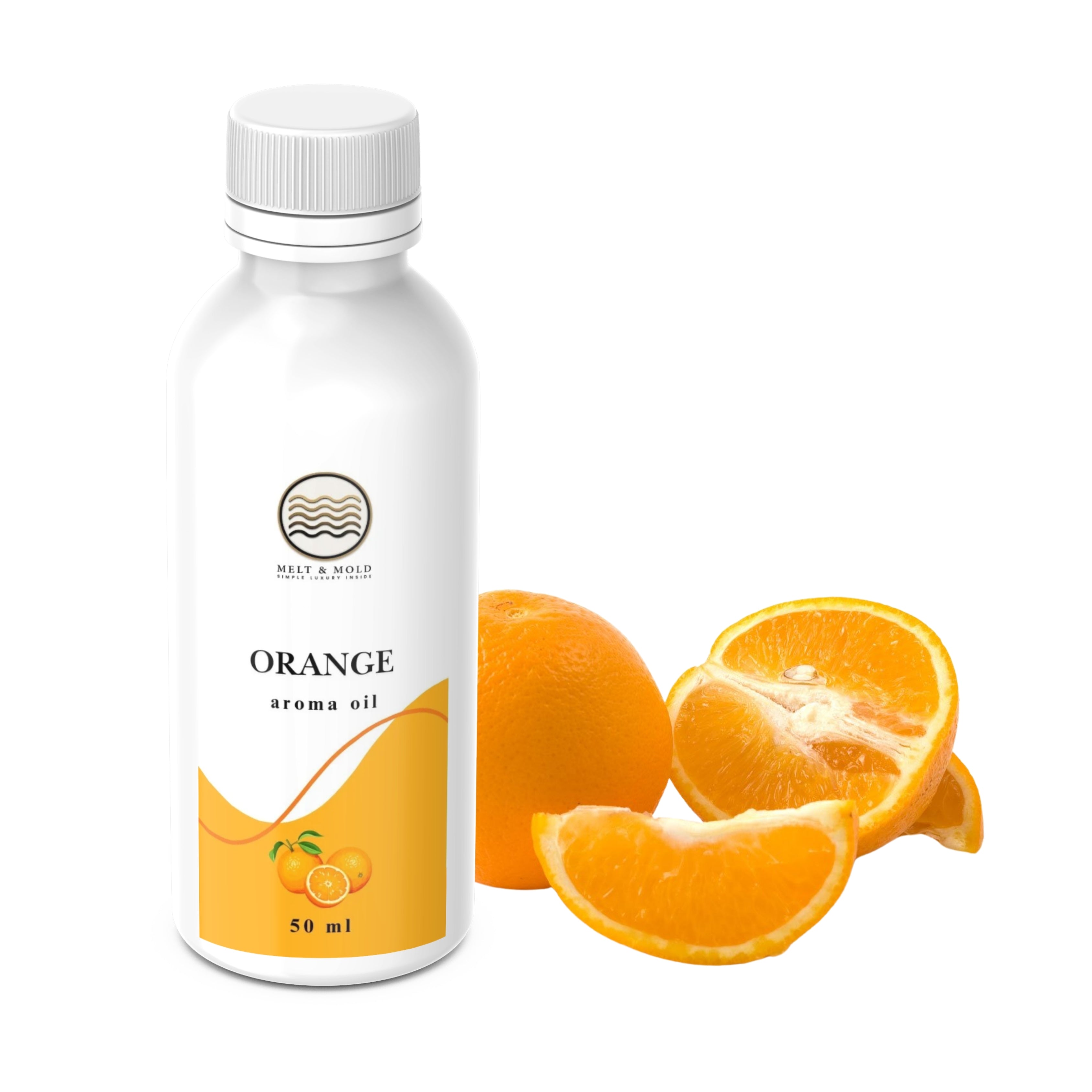 Orange fragrance oil bottle detail, bright citrus scent for DIY candles and soaps