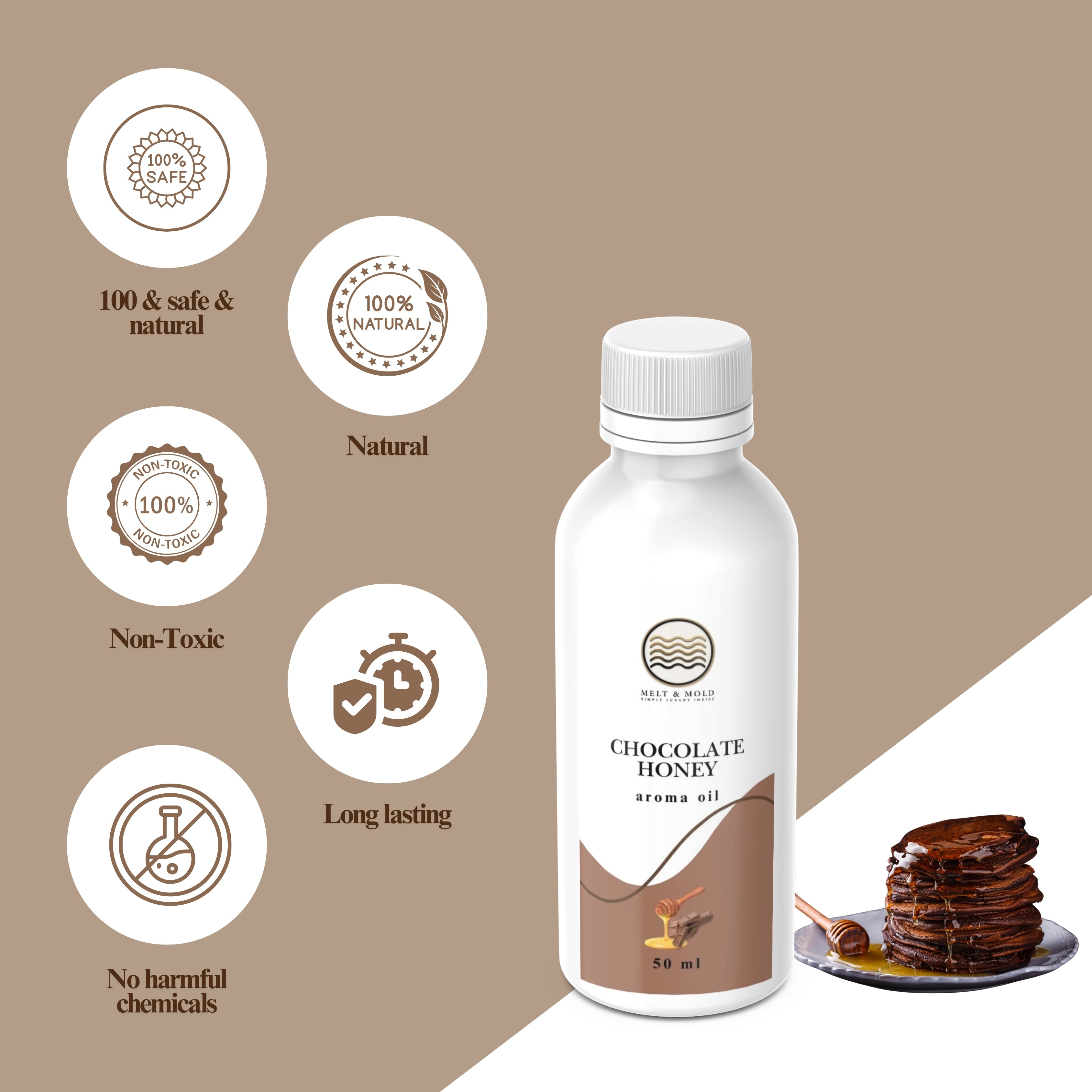 Chocolate honey fragrance oil close-up, rich sweet chocolate honey oil for craft