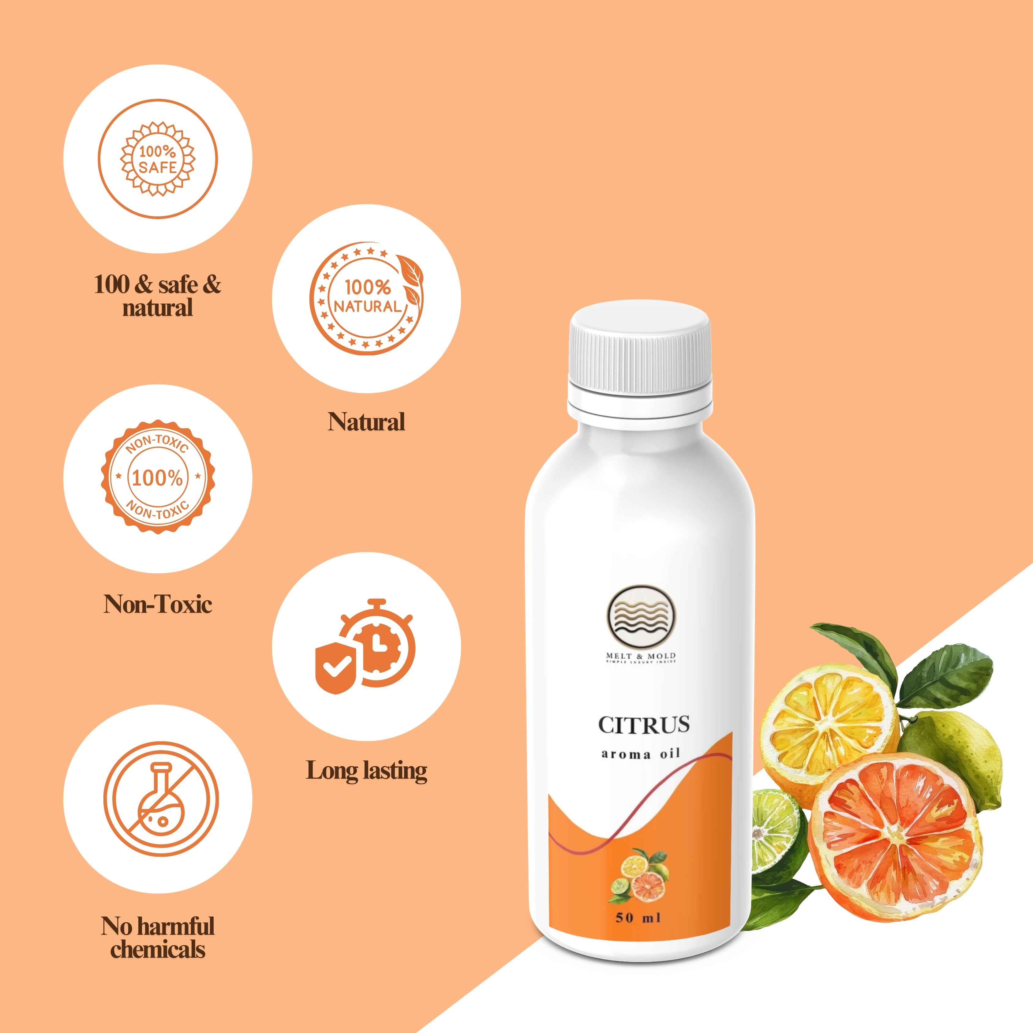 Citrus fragrance oil close-up, summer fresh citrus scented oil for candle making craft